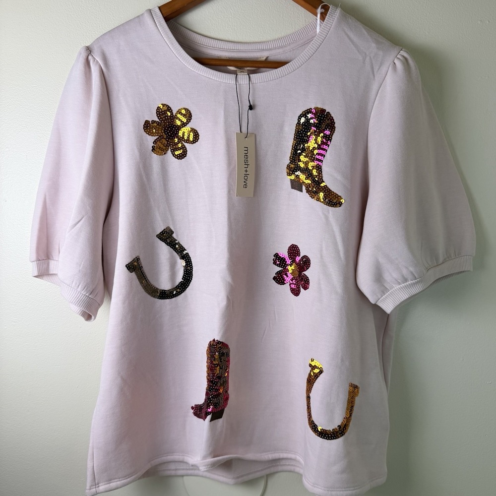 Mesh + Love Womens Short Sleeve Pink Sweatshirt With Sequence Cowboy Rodeo Boots